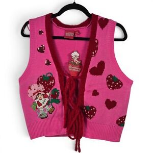The World of Strawberry Shortcake Pink Knit Tie Front Sweater Vest Womens Medium
